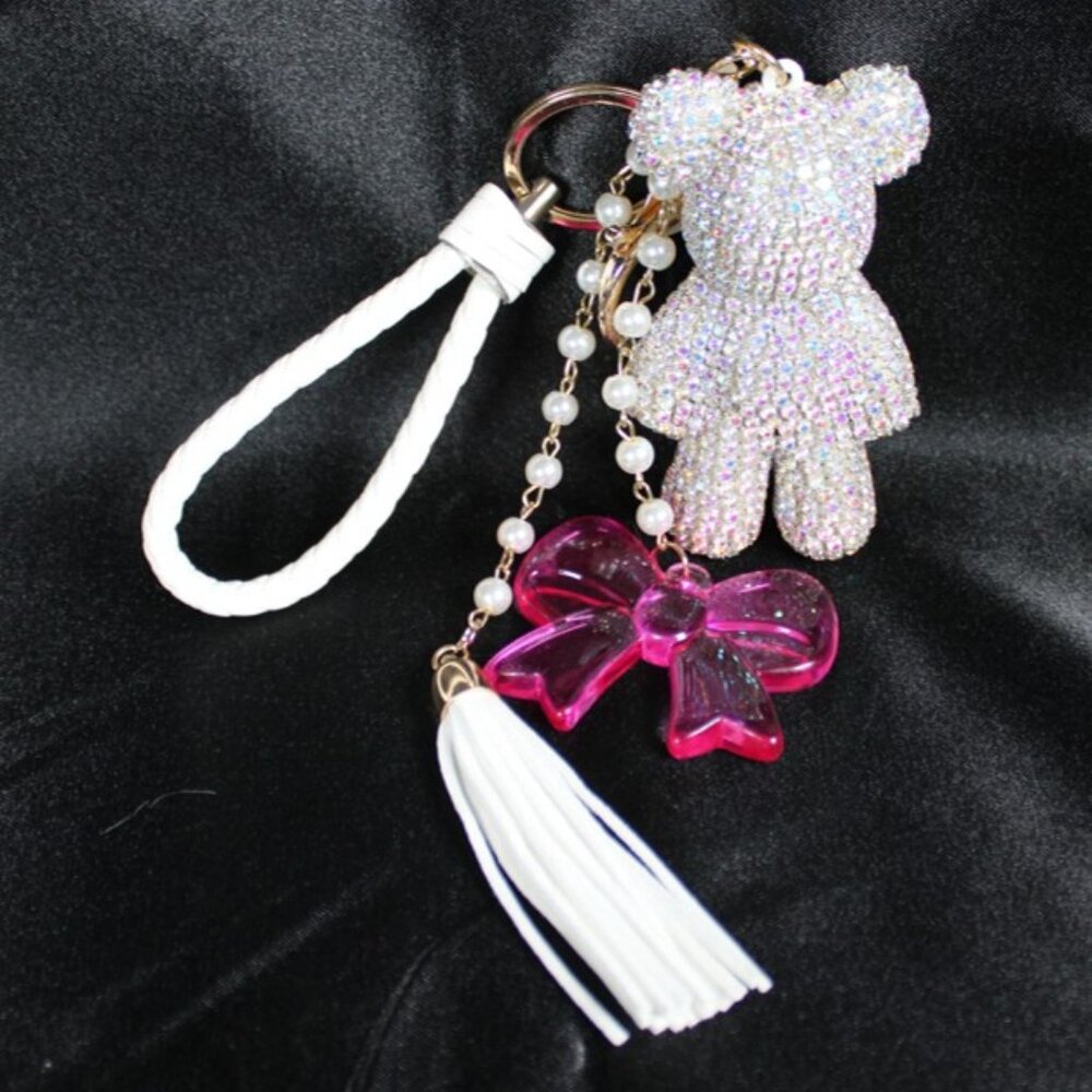 Handcrafted Rhinestone Teddy Bear Bag Charm Pearl Pink Bow Tassel Gold Tone - Picture 3 of 8